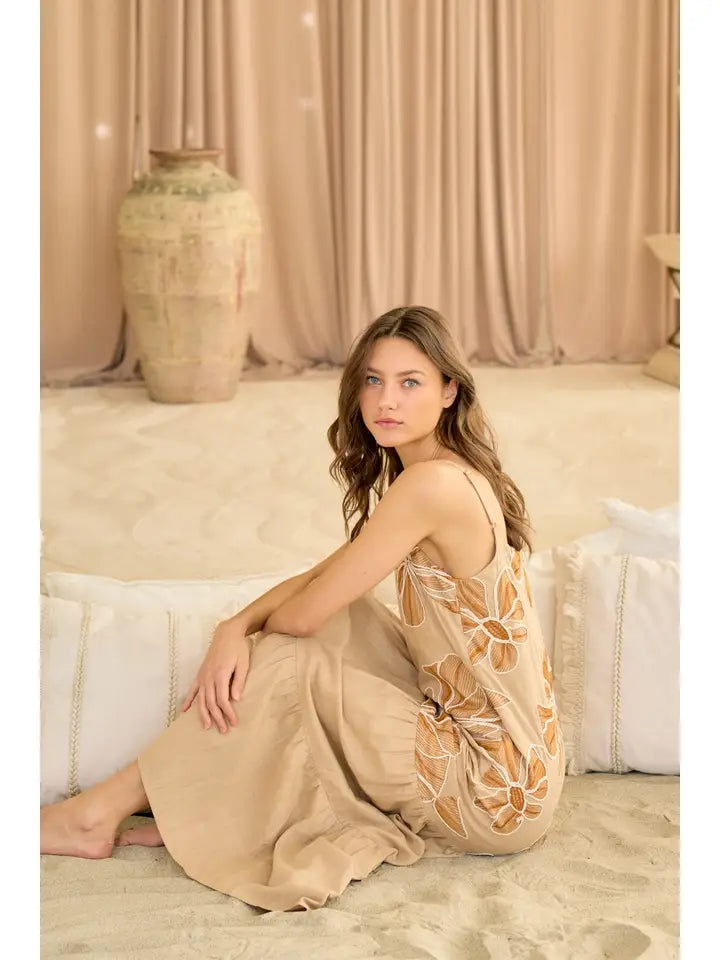 Floral Embroidery Linen Maxi Dress