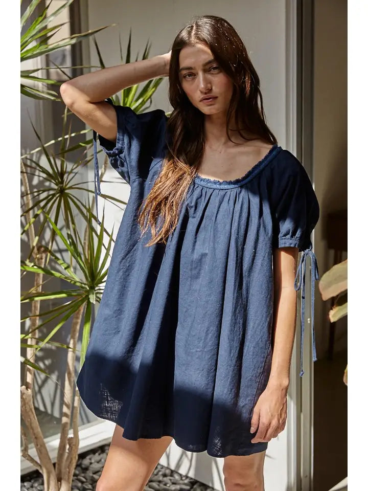 Woven Linen Cotton Ribbon Tie Detail Tunic Dress