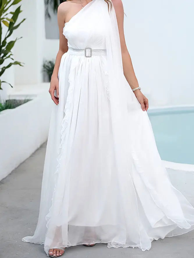 White One Shoulder Sleeveless Split Prom Dress