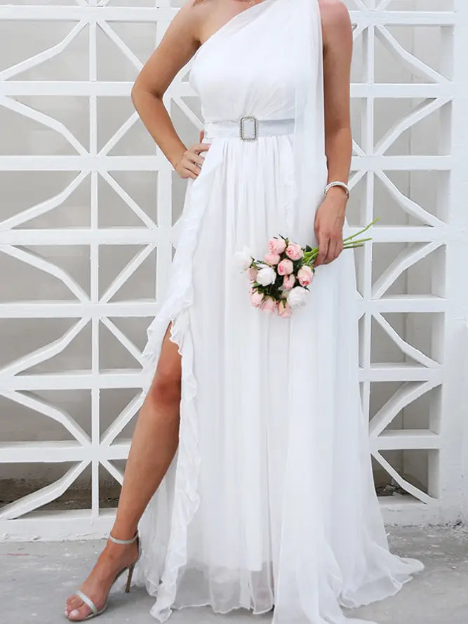 White One Shoulder Sleeveless Split Prom Dress