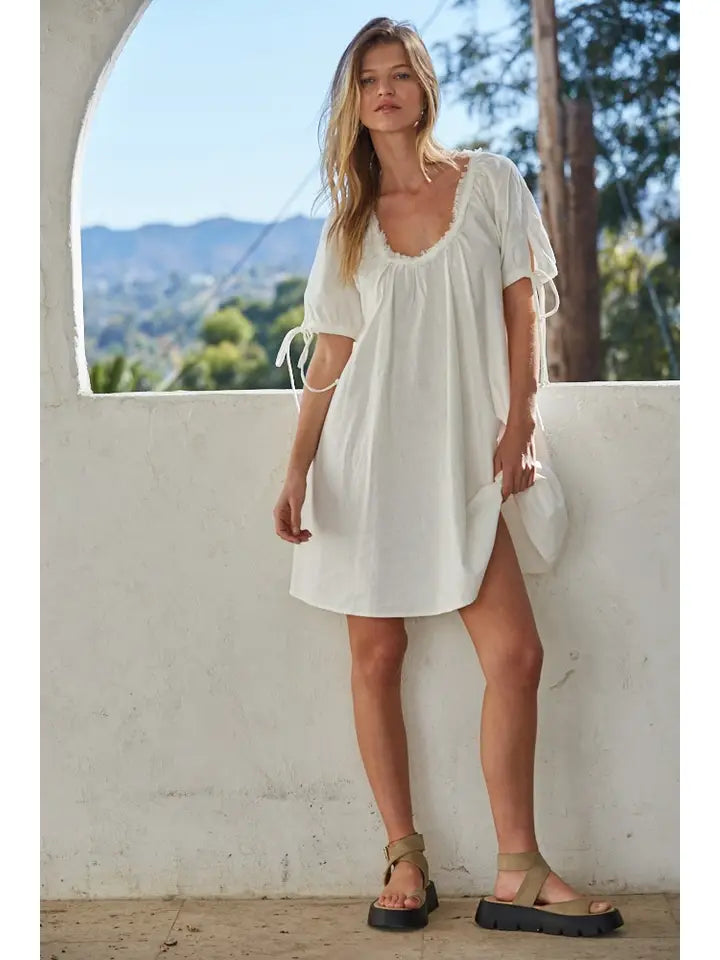 Woven Linen Cotton Ribbon Tie Detail Tunic Dress