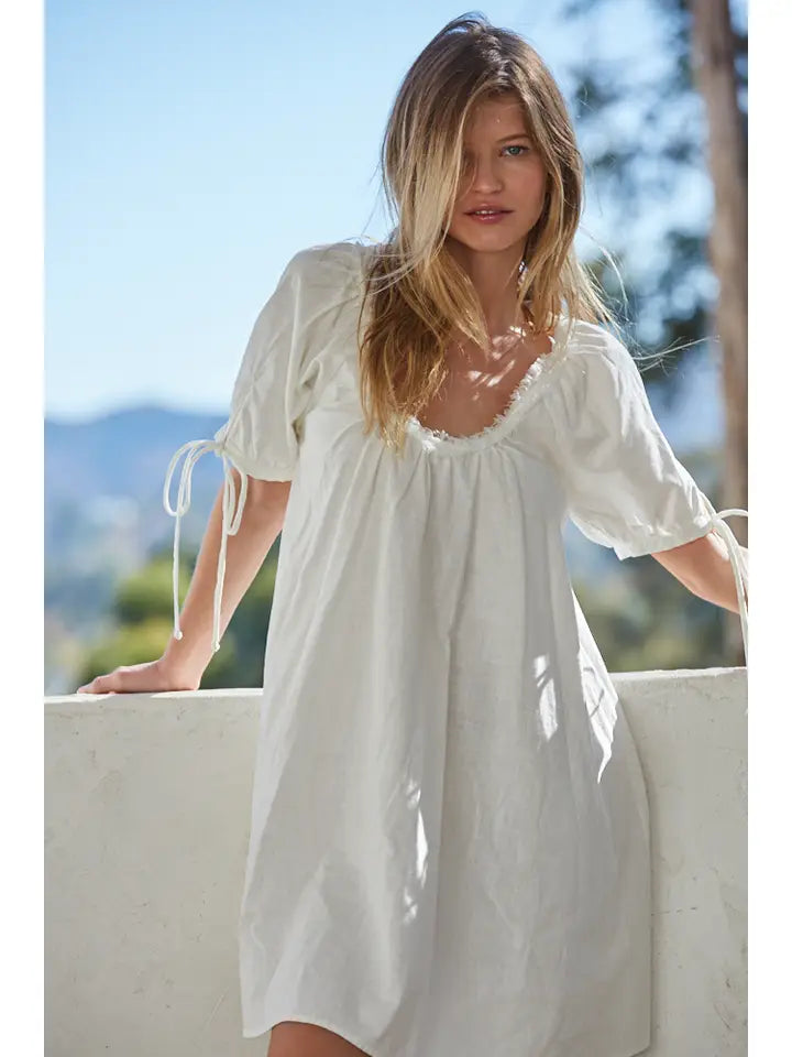 Woven Linen Cotton Ribbon Tie Detail Tunic Dress