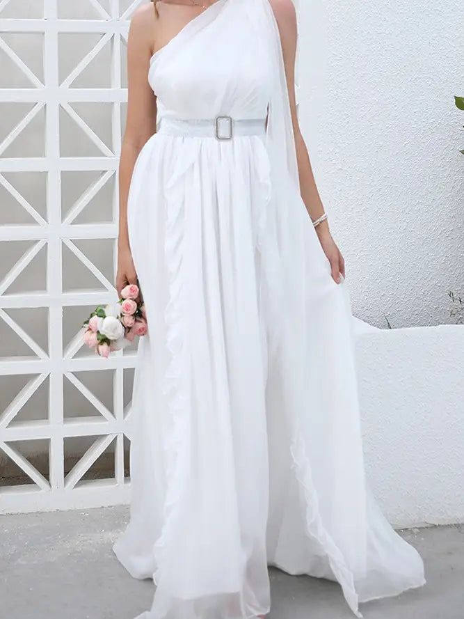 White One Shoulder Sleeveless Split Prom Dress