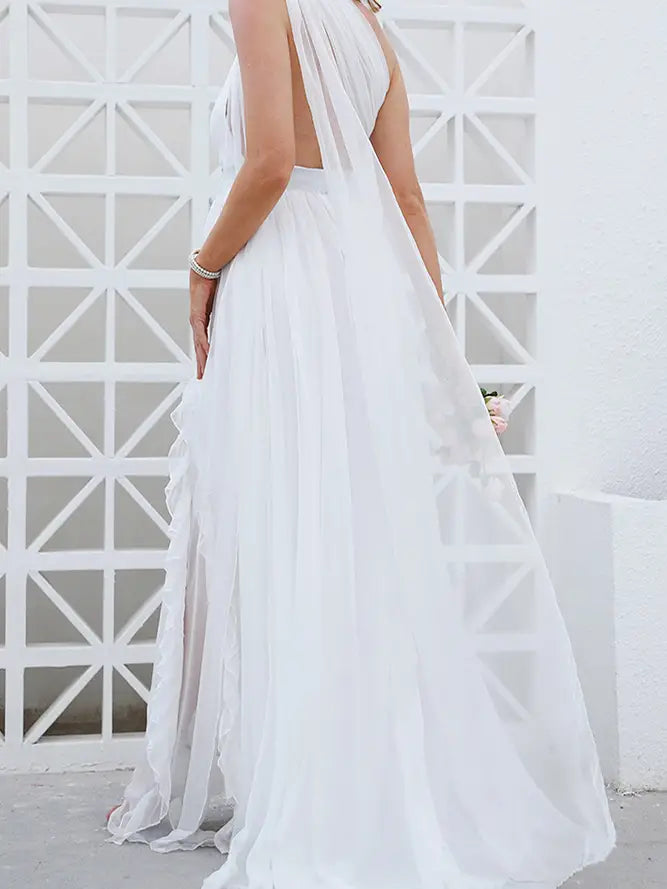 White One Shoulder Sleeveless Split Prom Dress