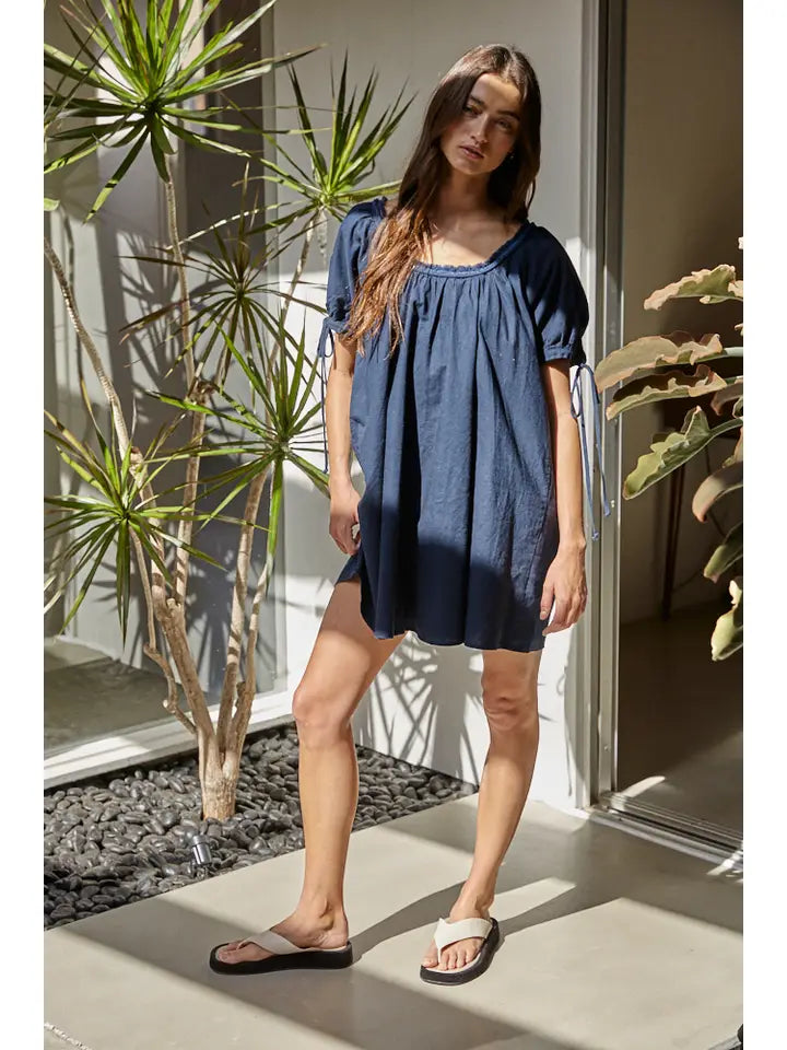 Woven Linen Cotton Ribbon Tie Detail Tunic Dress
